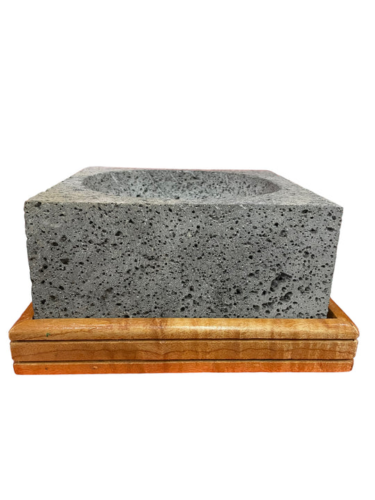 square molcajete with wood base